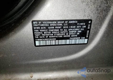 2013 Volkswagen Passat Se z USA, uszkodzony, nr VIN 1VWBH7A35DC064362